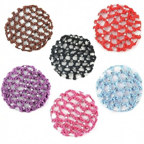 6Pcs Womens Rhinestone Hair Net Crochet Snood Bun Cover Stretchy Elastic Hairnet Hair Accessories for Ballet Dance Skating(Random Color)