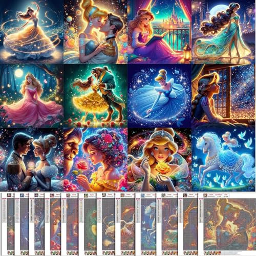 KEYRANKE 12 Stück Diamond Painting Disney Diamond Painting Kit Erwachsene-Prinzessin Diamant Bider Diamond Bilder Set Malen nach Zahlen Wohnzimmer Bilder Für Weihnachtsges-chenk 30x30cm