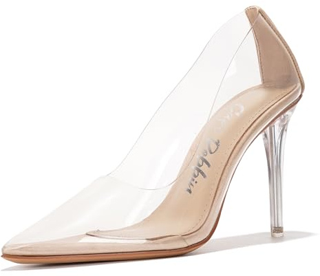 Women's Pointed Toe Clear Heels - Transparent Upper, 3.75 inch Lucite Heel & Genuine Leather Insole, Classy Pointy Pumps (Glass Doll.A) - Beige Size 11