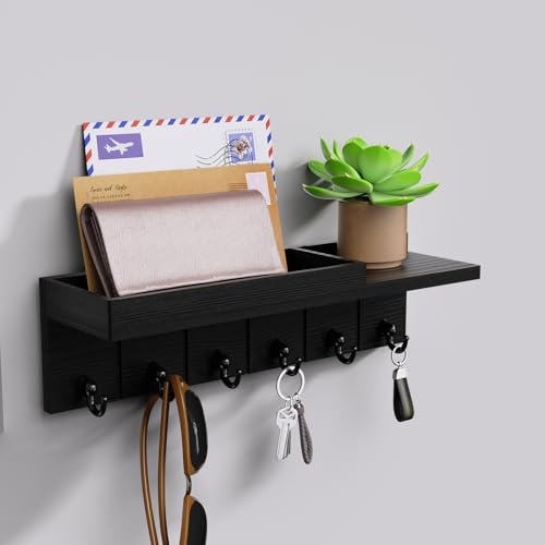 HapiRm Key Holder for Wall - Wooden Key Hooks Wall Mounted with 6 Hooks, Key Rack with Storage Shelf for Mail, Phone, Small Decor, Ideal for Entryway, Office, and Hallway