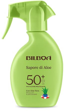 Bilboa Sapore di Aloe Trigger Solare SPF 50+, con Aloe Vera, Musica per le Pelli Sensibili, Resistente all'Acqua, Dermatologicamente Testato - 250 ml
