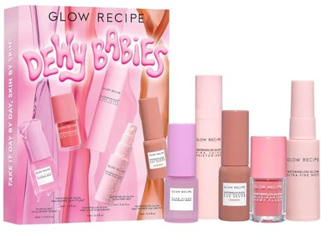 Glow Recipe Dewy Babies Travel Skincare Set - Plum Plump Hyaluronic Acid Serum + Dewy Flush Tinted Blush Drops + Pink Juice Face Moisturizer + Bronzing Hue Drops + Ultra Fine Facial Mist (5 Count)
