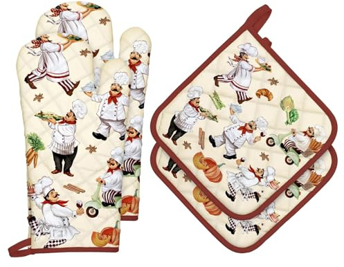 Arquiel Chef Oven Mitts and Pot Holders Sets 4Pcs, 100% Cotton Heat Resistant, Extra Long Oven Gloves Potholder for Kitchen Cooking Baking Decoration, Housewarming Gifts for Mom