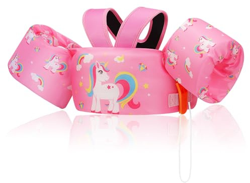 MoKo Gilet da Nuoto Regolabile per Bambini 20-50 lbs, Fascia da Braccio Galleggianti per Piscina a Doppio Uso, Gilet da Braccio per Nuoto con Fischietto, Unicorno Rosa & Colorato