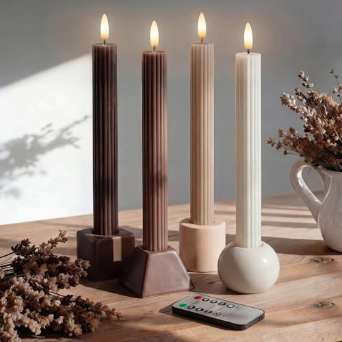 West Ivory Mocha Brown Coordinated Chocolatey 4 Pack Set, 10 LED Flameless Fluted Ribbed Grooved Taper Candles, Remote & Timer Memory, On/Off Button, Dimmable, Battery Operated, Menorah Wedding