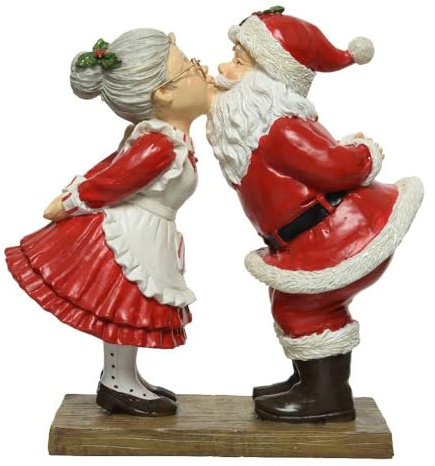 VARZI Figura Decorativa Natalizia Babbo Natale e Mamma Natale che si Baciano, Scultura in Poliresina, Romantica e Festosa per la Casa 18cm 1956