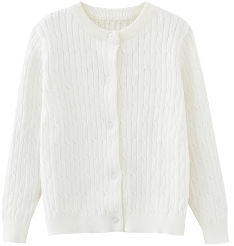 NewL Stickad cardigan för flickor barnknapp långärmad stickad tröja kläder stickad tröja, Vitt, 9-10 År