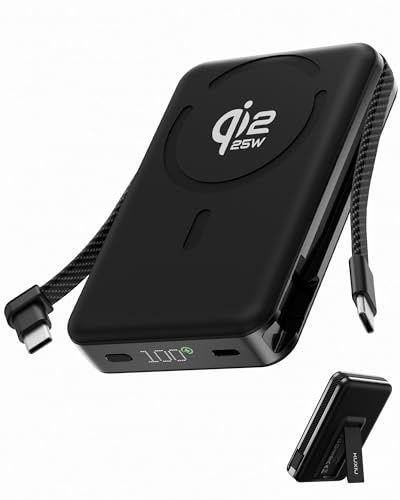 KU XIU 25W Qi2.2-Certificado Estado-Sólido Bateria Externa Carga Rapida para MagSafe, 10 000 mAh Power Bank Magnetico con Cable y Soporte Integrado, Bateria Portatil para iPhone 17/16/15/14/13 Series