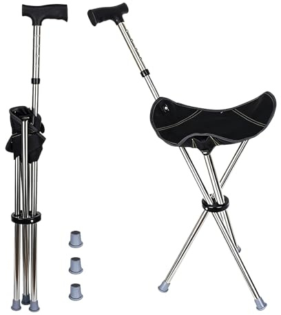 Bastón con asiento, altura regulable de 80 a 90 cm, plegable y ligero, trípode Aid con muleta, bastón y taburete, capacidad de carga de 150 kg, adecuado para senderismo, montañismo, camping, viajes