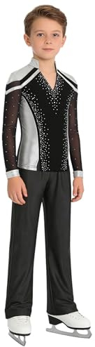 YEAHDOR Tute da Pattinaggio Artistico per Bambini e Ragazzi Crop Top Camicia con Scollo a V + Pantaloni da Ballo Latino Completo da Pattinaggio sul Ghiaccio Argento+Nero 7-8 anni
