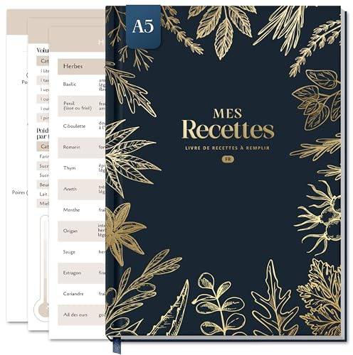 BIROYAL Carnet de Recettes à Remplir A5 avec Table Substituts, Bleu marine | Papier Épais 120g, 100 Recettes Vierge, 2 Pages par Recette, Avec Table de Conversion & Calendrier Saisonnier
