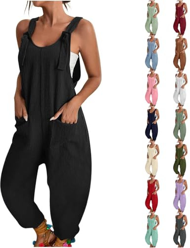 Salopette Pour Femme En Courte Combinaison Sans Manches Débardeur À Bretelle Décontractée Pantalon Bretelles Fines Doux Léger Et Confort Jumpsuit - Avec Poches Shorts Et Jambes Droites Larges
