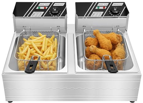 HUOMMGS fritös olja 2 x 6 l dubbel fritös med 60–200 ℃ justerbar temperatur 5 000 W rostfritt stål fritös med 2 stekkorgar, 2 lock multifunktionell fritös för matsalar