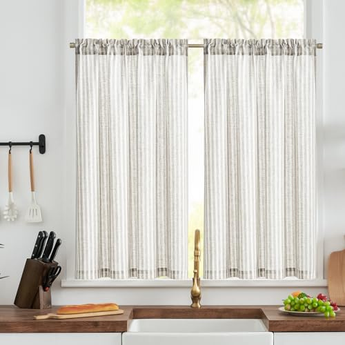 TOPICK Cafe Curtains for Kitchen 45 Inch Drop, W36xL45 Inch, Grey Stripe | Rod Pocket Cupboard Curtains, Light Filtering Privacy Short Curtain 2 Panels for Bathroom, Bedroom, Sink, Basement, Caravan