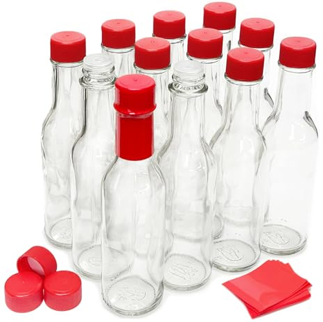Hot Sauce Bottles with Shrink Bands, 5 Oz (Red Caps, 12 Pack)