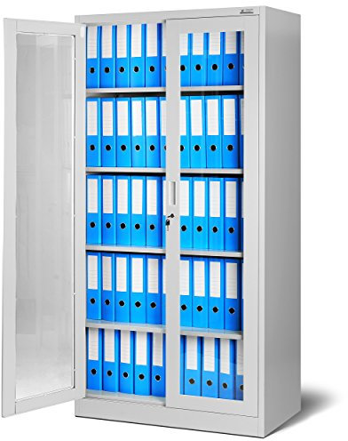 Aktenschrank C012 Glasvitrine Büroschrank Universalschrank Flügeltürschrank Stahlblech Pulverbeschichtung abschließbar 185 cm x 90 cm x 40 cm (Grau)