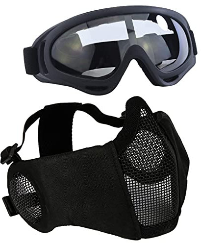 AOUTACC Airsoft Protective Gear Set, Half Face Mesh Masks with Ear Protection and Goggles Set for CS/Hunting/Paintball/Shooting (Black)