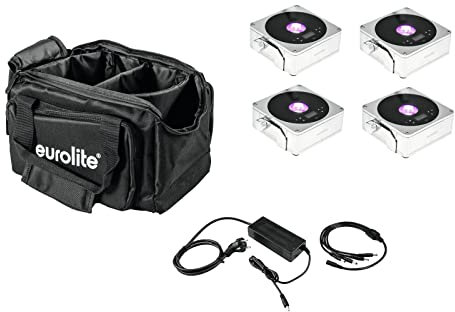 EUROLITE Set 4X AKKU IP Flat Light 1 Chrom + Soft-Bag + Ladegerät | 4X Flacher Scheinwerfer mit 15-W-RGBW-LED, Softbag und Ladenetzteil