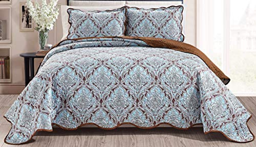 Grand Linen 3-Piece Fine Printed Oversize (100 X 93) Quilt Set Reversible Bedspread Coverlet Queen Size Bed Cover (Chocolate Brown, Blue, White Scrolls)