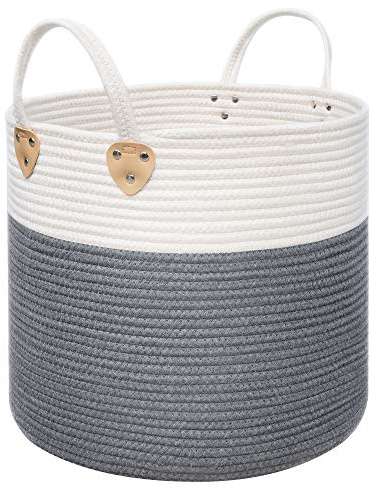 SONGMICS Cesta de Cuerda de Algodón, Soporte de Cesta con Asas, Soporte de Lino 50L, para Vestidos Juguetes Mantas, Sala de Estar y Dormitorio, 40 x 35 cm (Dia. x Alto), Gris y Beige LCB441G01