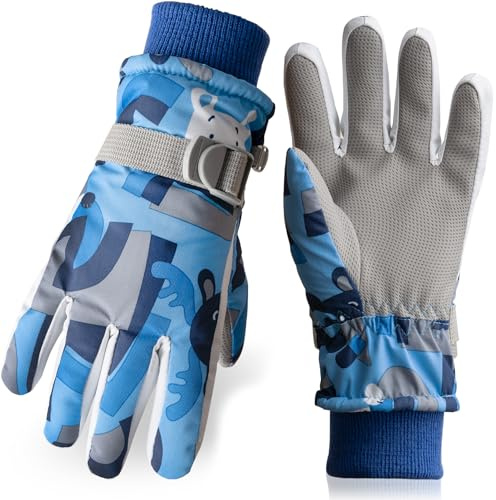 Vagasi Guanti da sci per bambino Guanti invernali in pile impermeabile antivento Guanti per bambini e bambine in Sport all'aperto Sport invernali Snowboard , Orso blu, M