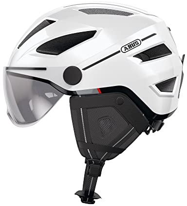 ABUS Stadthelm Pedelec 2.0 ACE - Fahrradhelm mit Rücklicht, Visier, Regenhaube, Ohrenschutz - für Damen und Herren - Weiß Glänzend, Größe M
