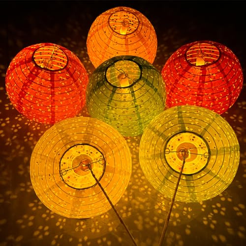 12Pcs Chinese Lunar New Year Decorations 2026 Chinese Paper Lanterns Decorative Japanese Hanging Paper Lantern with LED Lights Tassel Stick 8inch Round for Spring Festival Asian Party Home Decor