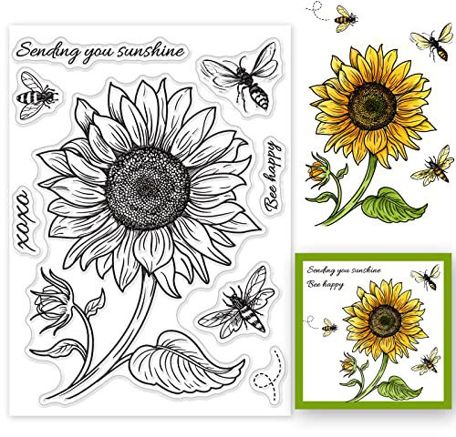 GLOBLELAND Sunflowers Background Theme Clear Stamps Bumble Bee Silicone Clear Stamp Seals for Cards Making DIY Scrapbooking Photo Journal Album Decoration