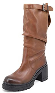 QUEEN HELENA Stivali di Pelle con Tacco Plateau Biker Arricciati Invernali Donna QH21L48 (Marrone, numeric_39)