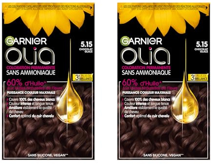 Garnier Olia Permanent Hair Dye Without Ammonia Colouring with Flower Oils of Natural Origin with Brightening and Nourishing Action, Colour 5.15 Dark Brown – 2 Packs
