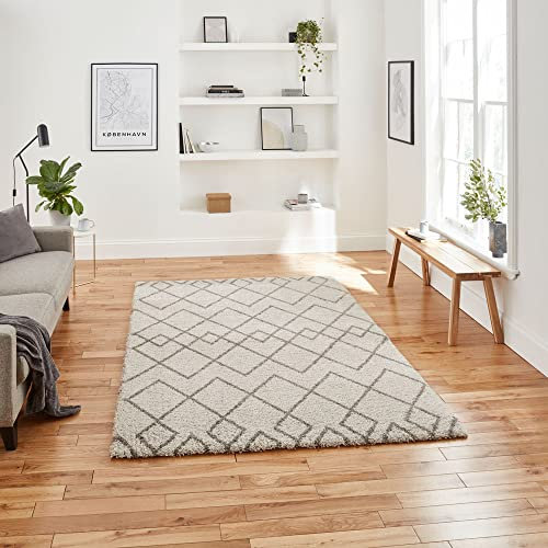 Think Rugs Royal Nomadic A638 High Density Pile Shaggy Rug, Cream/Grey, 120 x 170 Cm