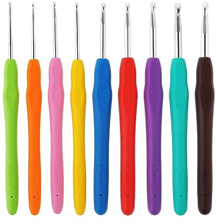 Häkelnadel Set 9 Stück Bunt Extra Lange Häkelnadel Ergonomischer Weicher Silikongriff Häkelnadeln Geeignet für Anfänger und Häkelliebhaber 2/2,5/3/3,5/4/4,5/5/5,5/6 mm