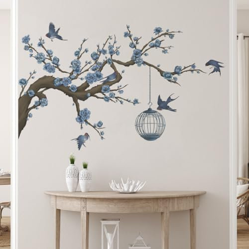 Runtoo Wall Stickers Branch Flowers Blue Wall Stickers Birds Tree Wall Decorations Bedroom Living Room