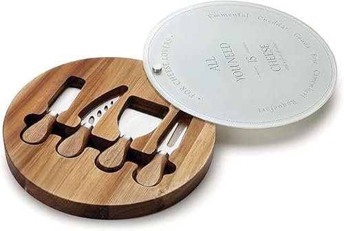 Suinga Juego de Cuchillos para Queso con Tabla de Cristal 25 cm | Set Quesos Acacia y Acero Inoxidable | Incluye soporte de cristal