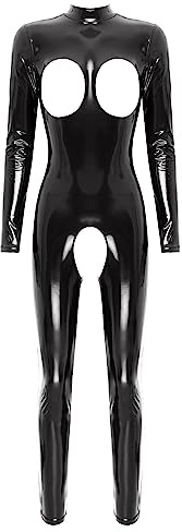 Aislor Body da Donna in Pelle Wetlook Overall Jumpsuit Hot per Sesso Leotard Catsuit Bodysuit Manica Lunga Lingerie Erotico Tuta Intera per Discoteca Clubwear A Nero XXL