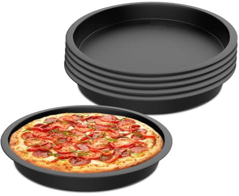 LEKEFETO 6 teglie per pizza: teglia per pizza Ø 20 cm, in acciaio inox rotondo con rivestimento antiaderente, per pizza, torte di fiamma, durevole e facile da pulire (nero)
