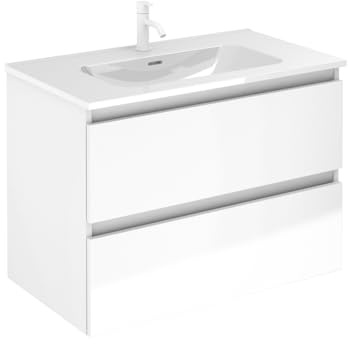 EstiloBaño - Aurora | Conjunto Mueble de Baño SUSPENDIDO con 2 Cajones + Lavabo | Disponible 60-80-100 + Blanco - Nogal 【Ancho 80】 【Blanco Brillo】