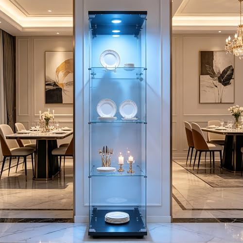 DADEA Vitrina Cristal 4 Estantes y 1 Puerta, Vitrina con Cerradura y Luz, 42,5 × 36,5 × 164 cm, CristaleraVitrina deCristal con LED EstanteriaCristal con Luz Cristalera Columna Expositora Vidrio
