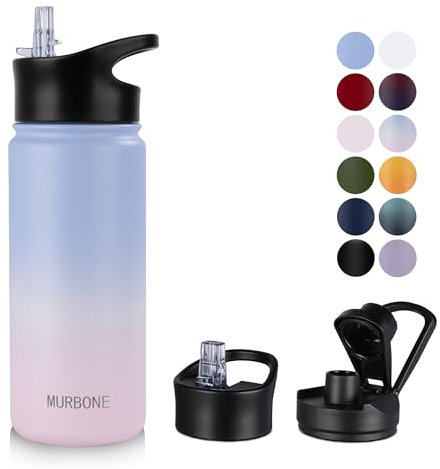 MURBONE Insulated Water Bottle, 500ml Stainless Steel Drink Flask with Straw, BPA Free, 2 Lids (Straw Lid and Spout Lid), Leakproof Double Walled Vacuum Water Bottle, Blue Pink Gradient