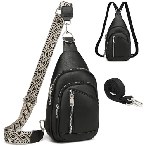 Travistar Crossbody Sling Bag for Women Men Wide Strap Cross Body Purse Leather Casual Daypack Chest Backpack with Back Strap Large Fanny Pack Anti Theft Belt Sash Bag for Travel Hiking Cycling Black