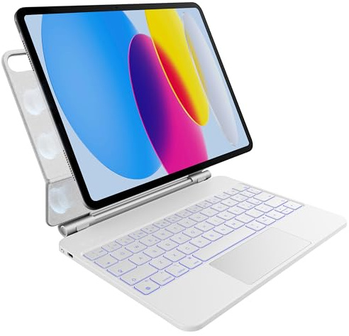 pankeybd Custodia con tastiera per iPad A16 2025 e iPad 10ª generazione 2022, Retroilluminazione a 7 colori, Trackpad multi-touch, Design magnetico fluttuante, Bianco