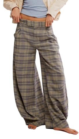 Kedera Women Vintage Tartan Plaid Print Wide Leg Pants High Waisted Baggy Trousers Casual Business Work Slacks, Brown, S