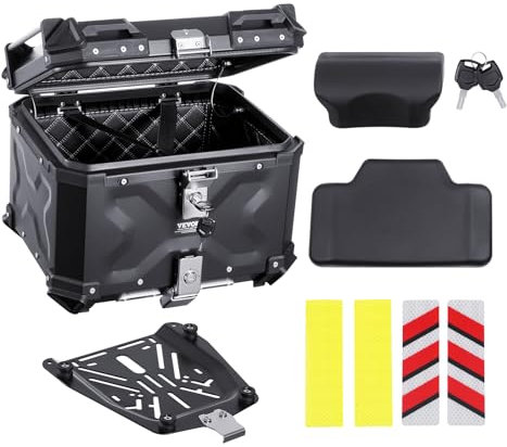 VEVOR Motorcycle Top Case, Universal Aluminum Alloy Motorbike Tail Box with Leather Lining, 45L Waterproof Detachable Motorcycle Top Box with Lock & Back Cushion, Fit for 99% of Motor Frames