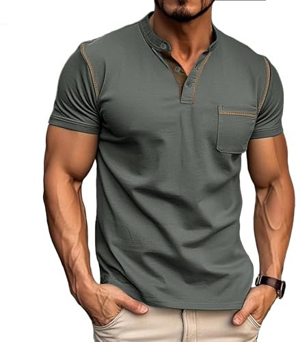 Tee Shirt Homme Coton Henley T-Shirts à Manches Courtes Col Tunisien et Boutons Basic Tee Légére Top pour Homme Gris S