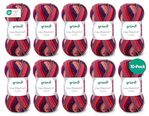 Gründl Laine Lisa Premium color – fil à tricoter avec dégradé de couleurs – douce et respectueuse de la peau – 100% acrylique – 10 pelotes 50 g / 133 m – taille d’aiguille 3,5–4,5 - rouge-orangé