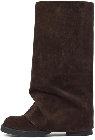 femflame Fold Over Boots for Women Slouchy Brown Suede Mid Calf Boot Fall