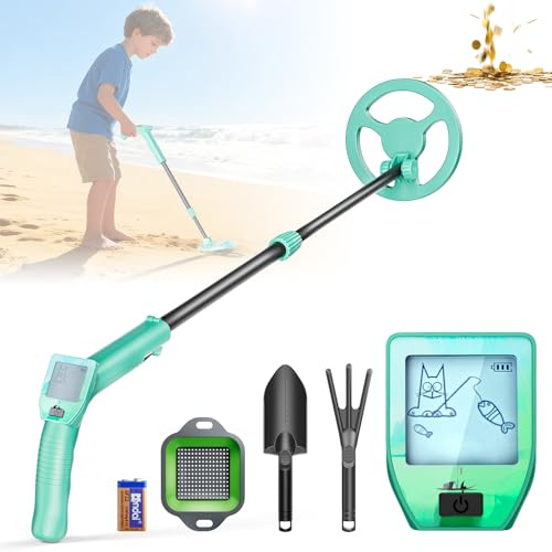 Detecteur Metaux Enfant, Léger Detecteur de Metaux Enfant avec Tige Réglable de 66 à 83 cm, écran LCD et Disque de Recherche étanche, Détecteurs de Métaux pour Enfants avec Pelle, Râteau et Tamis