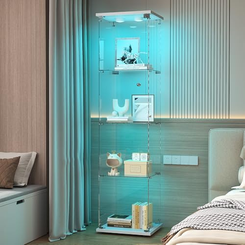 TIMORWTF Vitrine en Verre avec LED,Armoire Vitrine pour Collection,1 Portes à Serrure,4 Étagères Adjustables, 164x42x36cm, Blanc