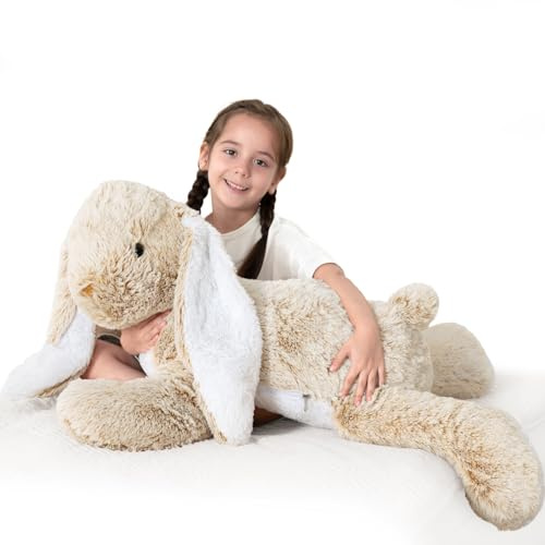 MorisMos Lapin de Pâques géant en peluche doux, 80 cm Grands lapins brun clair mignons Kawaii, grand lapin XXL pelucheux et moelleux, cadeau pour enfants, petite amie, anniversaire, décorations de