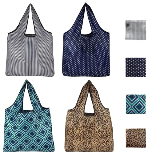 HapSmile 4 Pcs Reusable Shopping Bags Foldable, Fold Up Shopping Bag in Pouch Portable High Capacity, Foldable Shoppings Bag Waterproof for Daily Use, Travel, Picnic, 40 × 46cm
